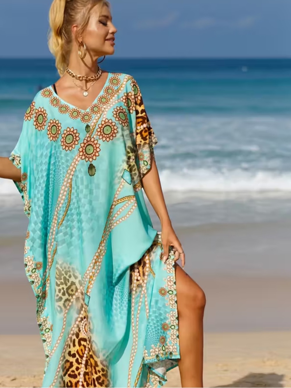 🌸HP 🌸Women's Plus Size Kaftan Bathing Suit Cover Up Batwing Dress Moroccan Mumu - Picture 7 of 11